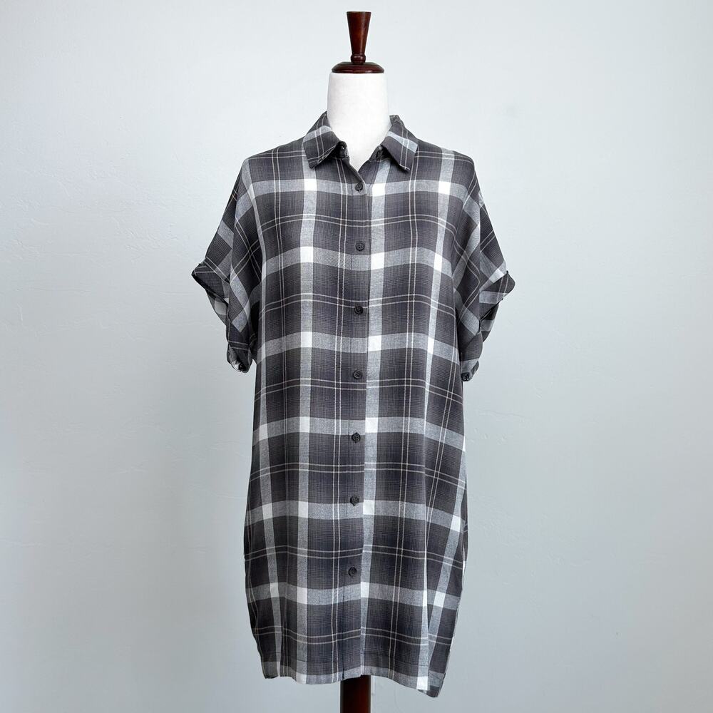 Dress Forum Oversized Grey Plaid Short Sleeve Mini Button-Up Shirtdress NWT